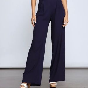 Navy Tie Waist Wide Leg Pants